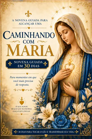 Capa do devocional Caminhando com Maria, com Nossa Senhora em azul, dourado e creme